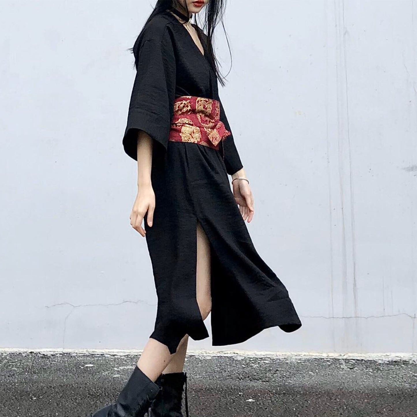 Black Kimono dress with belt half sleeves Kimono dress with OBI belt loose fit kimono dress black dress max black dress