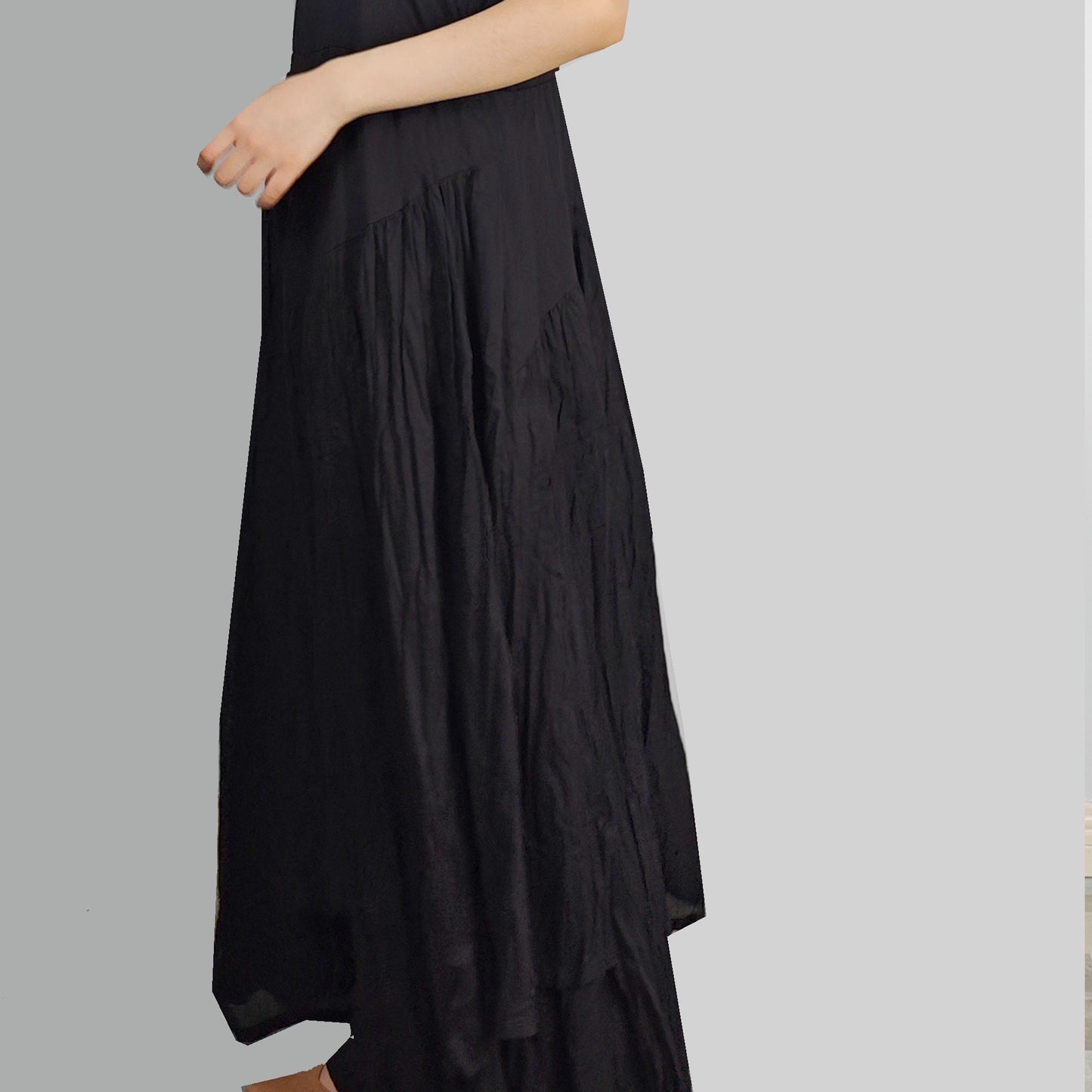 Black cotton voile slip dress gather dress with large volume and gathers