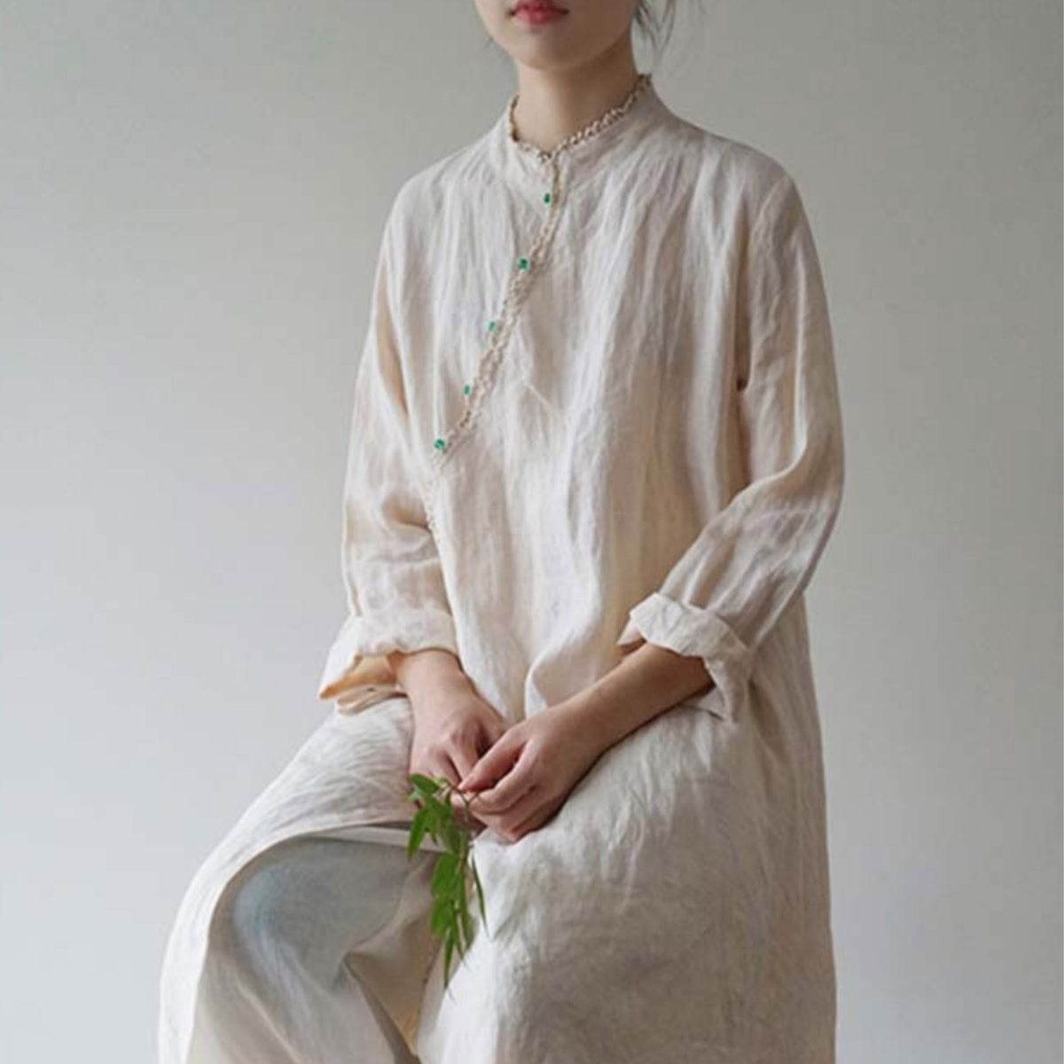 Cheongsam Long Shirt Linen Hanfu Qipao Shirtdress Chinese Hanfu Modified Hanfu Ramie Dress Shirt Neza Studio Slopping Laple Linen Dress wrap Top