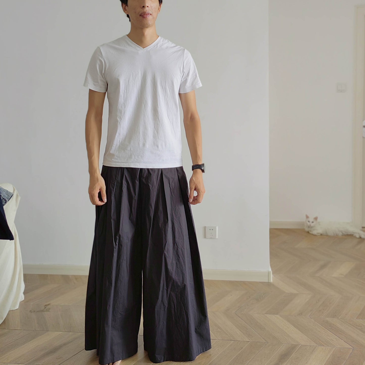 Black Wide Leg cotton pants for men fixed waist band pleated wide leg trousers with pleats front high count cotton Yohji Style pants Unisex