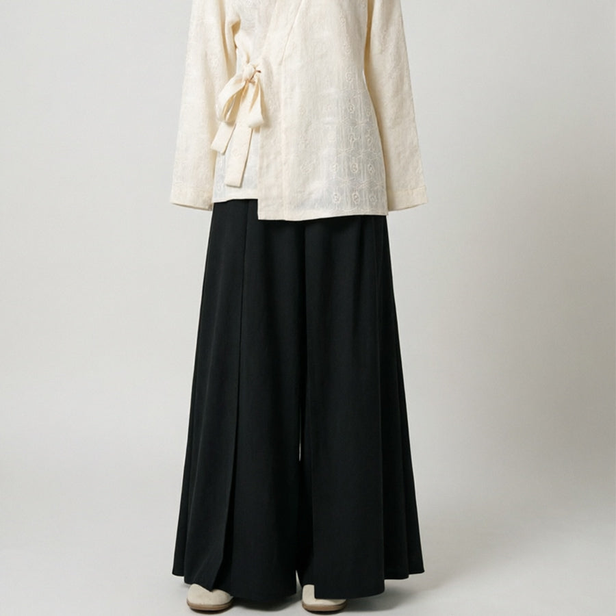 Double layer wide leg pants panel skirt pants suiting fabric black color