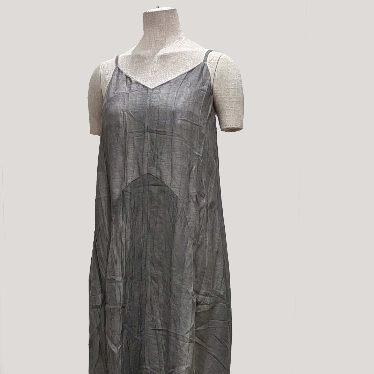 Assymmetrical Creased Linen Gray color plant dyed color slip dress Linen tencel fabric