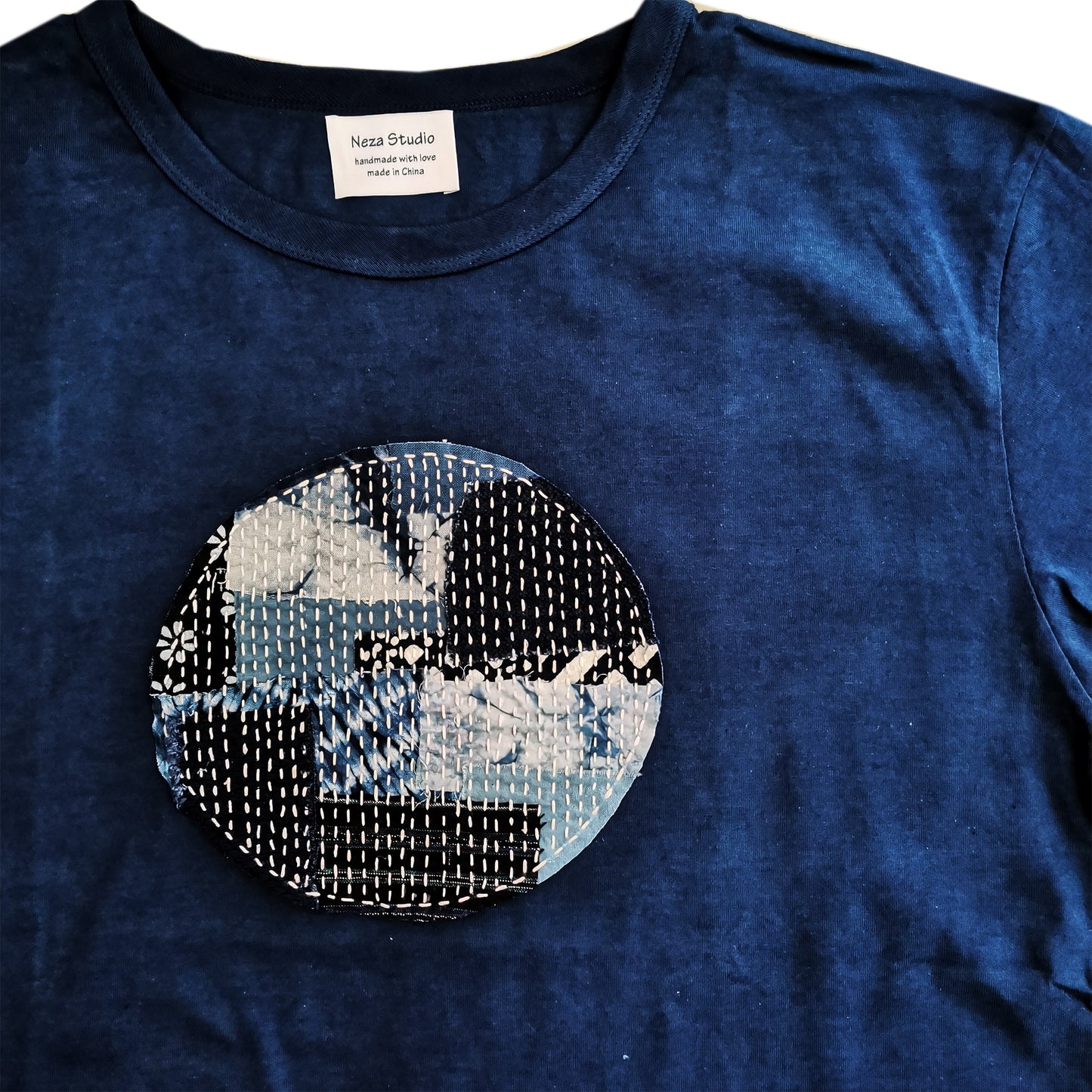 Boro T-shirt Blue Hand Dye Tee Natural Plant Dye Cotton T-shirt Neza Studio Unisex with Japanese Sashiko Boro Embroidery