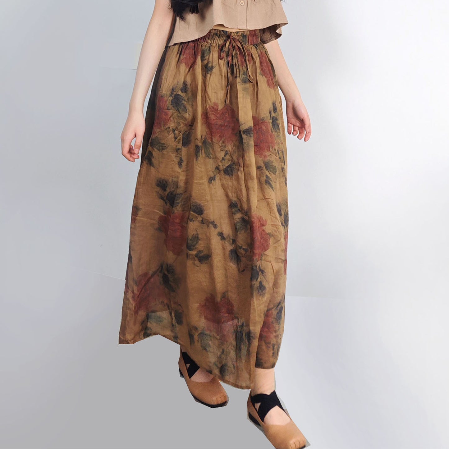Loose fit Ramie shirt with skirt retro style floral prints light weight ramie summer shirt loose fit relax skirt
