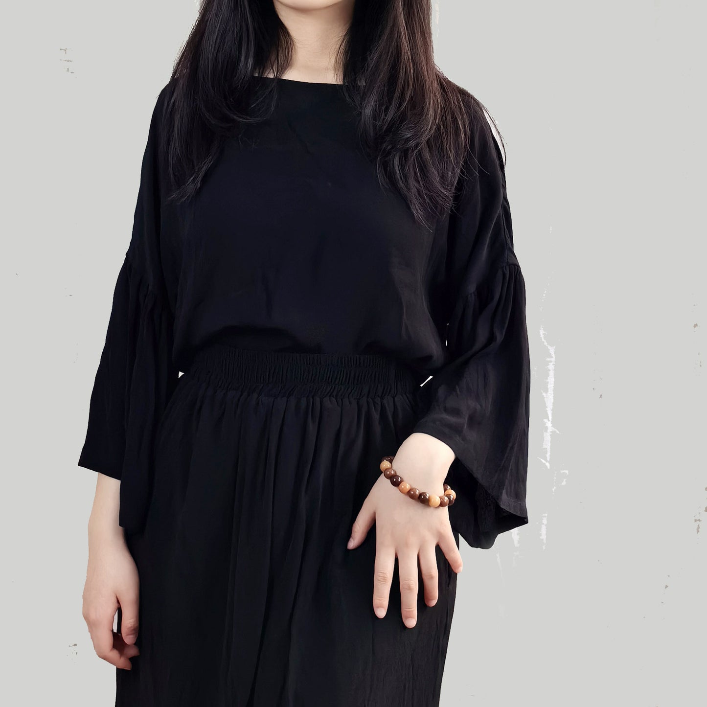 Neza StudioBlack viscose Linen Top and Skirt Set For Woman wide sleeves blouse elastic band skirt soft viscose linen blneded fabric