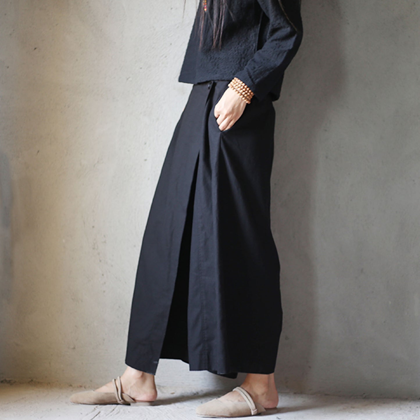 Cotton pants Cotton Culottes Wide Leg Pants Adjustable Waist Low Crotch Design Front Fake Skirt Design Minimalist Urban Style