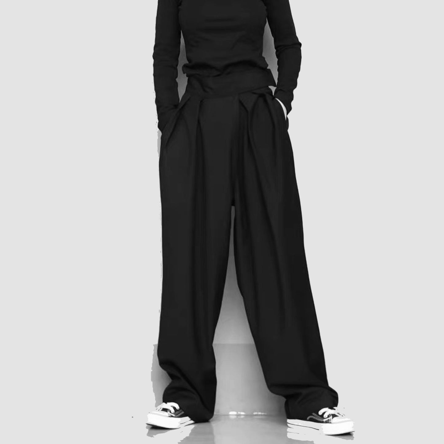 Black Suit Pants Loose Fit Trousers Wide Leg Soft Acetate Pants Neza Studio Long Trousers Unisex Pants Minimalist Style magic tape closure