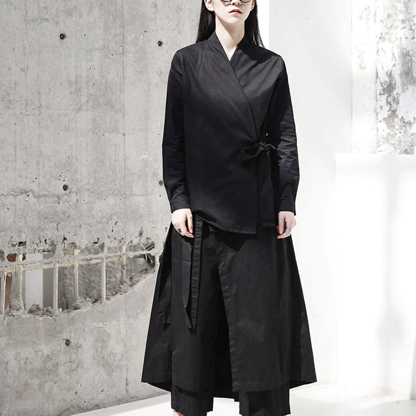 Black cotton shirt overlapping kimono shirt cotton blouse with ties black blouse black cotton shirt