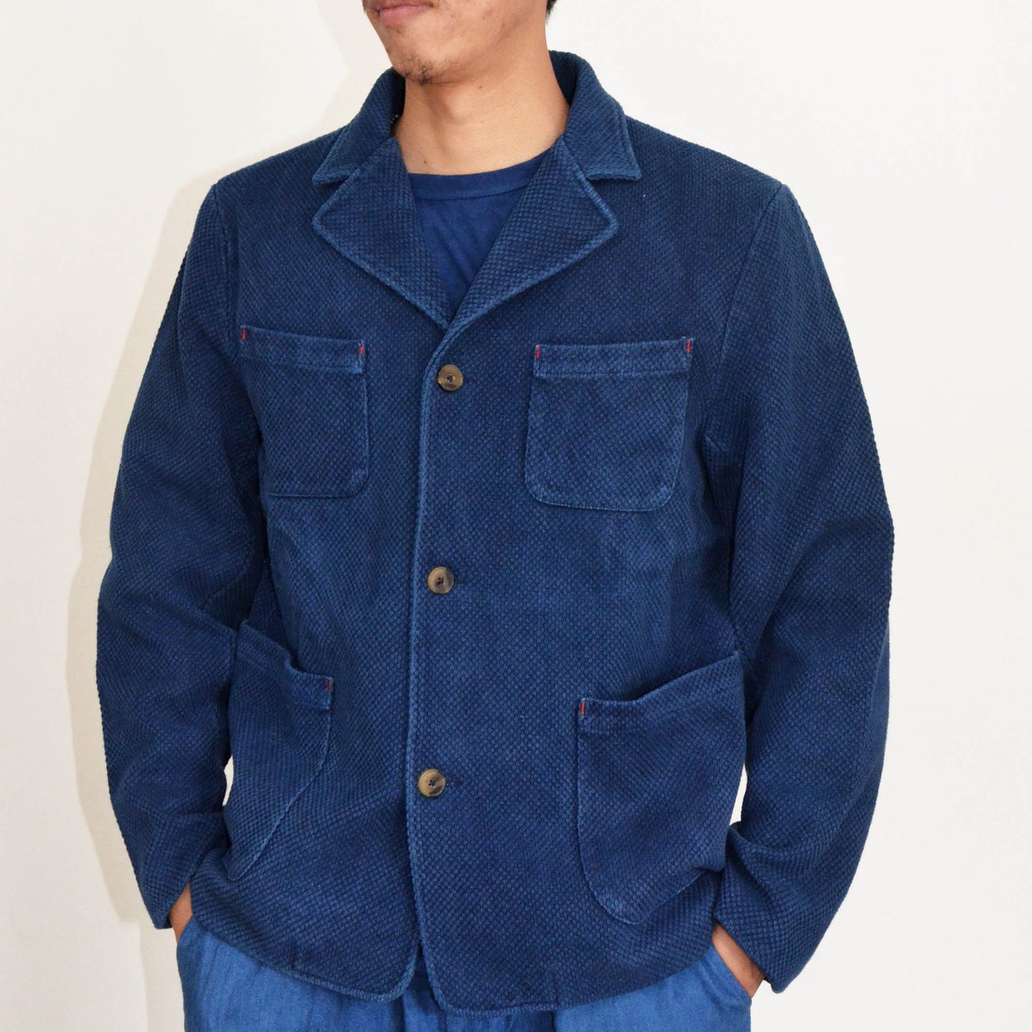 Retro French Work Jacket Thick Japanese Sashiko Fabric Unisex Tailored Jacket Indigo Blue Hand Dye Fabric Fitted Jacket Workwear Neza Studio