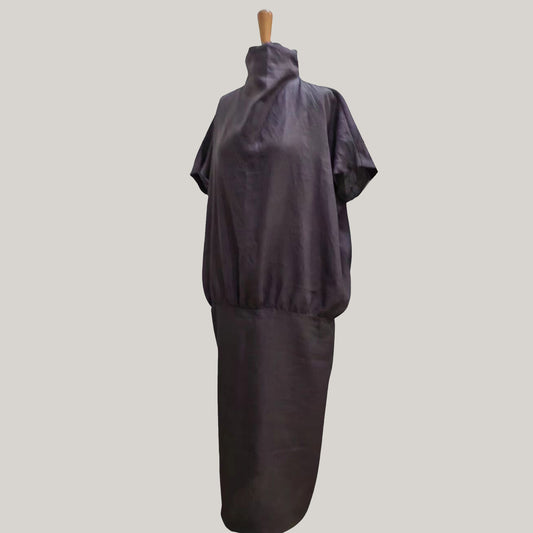 Linen dress high collar loose fit gray dress