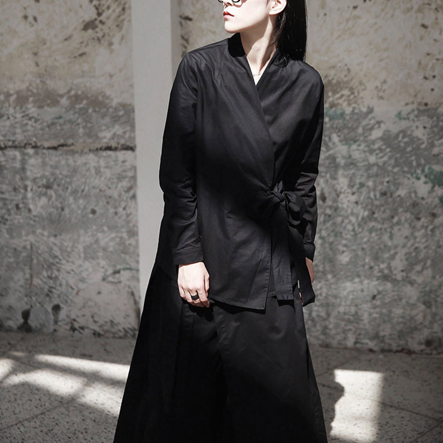 Black cotton shirt overlapping kimono shirt cotton blouse with ties black blouse black cotton shirt