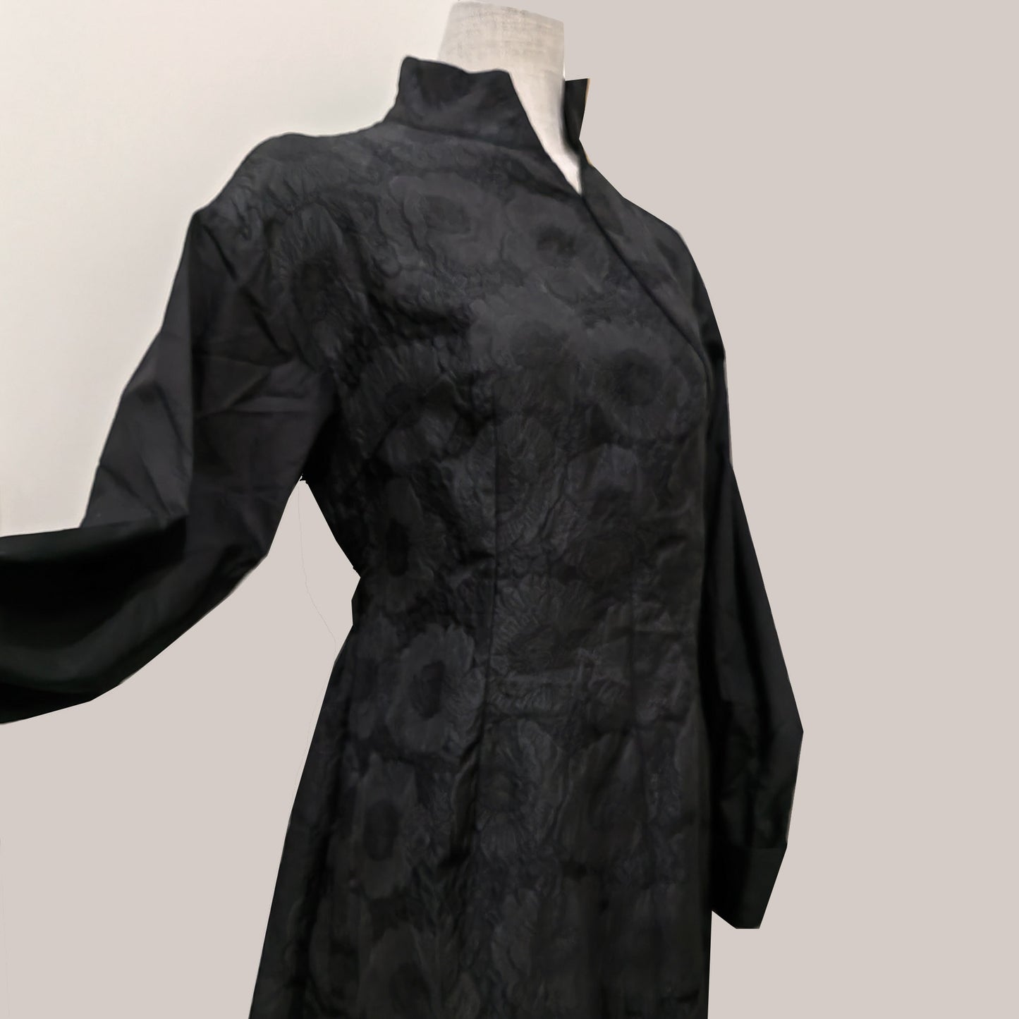 Sample SALES Black dress mixed fabric stand collar fitted black dress jacquard fabric