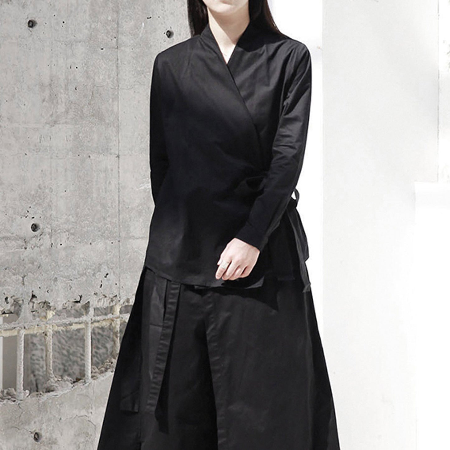 Black cotton shirt overlapping kimono shirt cotton blouse with ties black blouse black cotton shirt