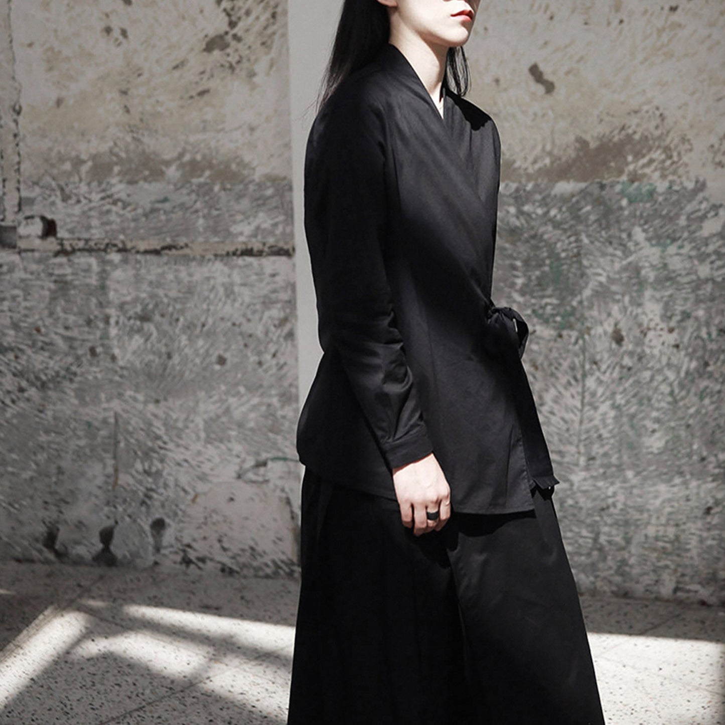 Black cotton shirt overlapping kimono shirt cotton blouse with ties black blouse black cotton shirt