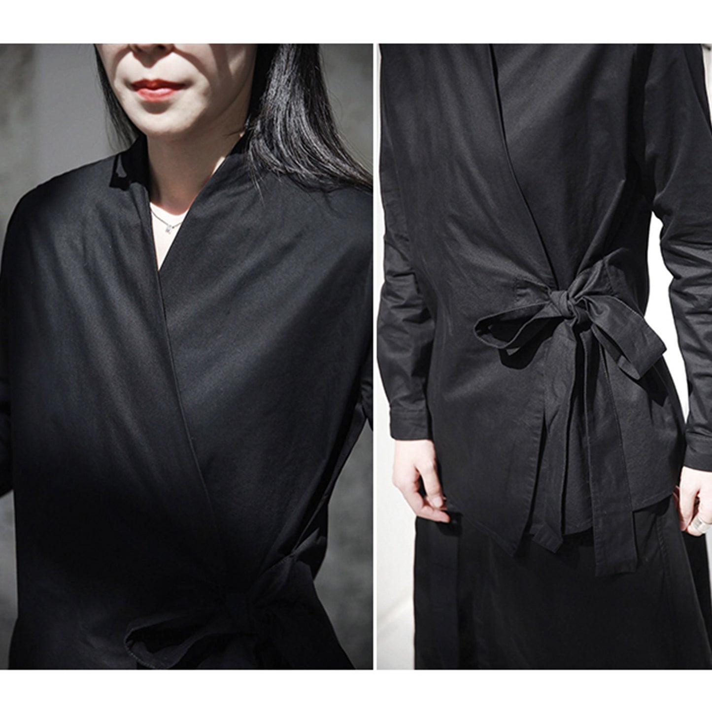 Black cotton shirt overlapping kimono shirt cotton blouse with ties black blouse black cotton shirt