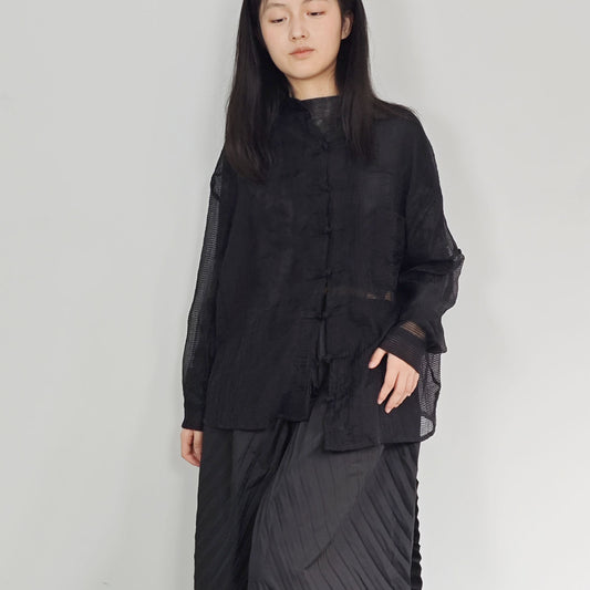 Light weigth see through Tang suit top tencel blended fabric loose fit tang suit style blouse
