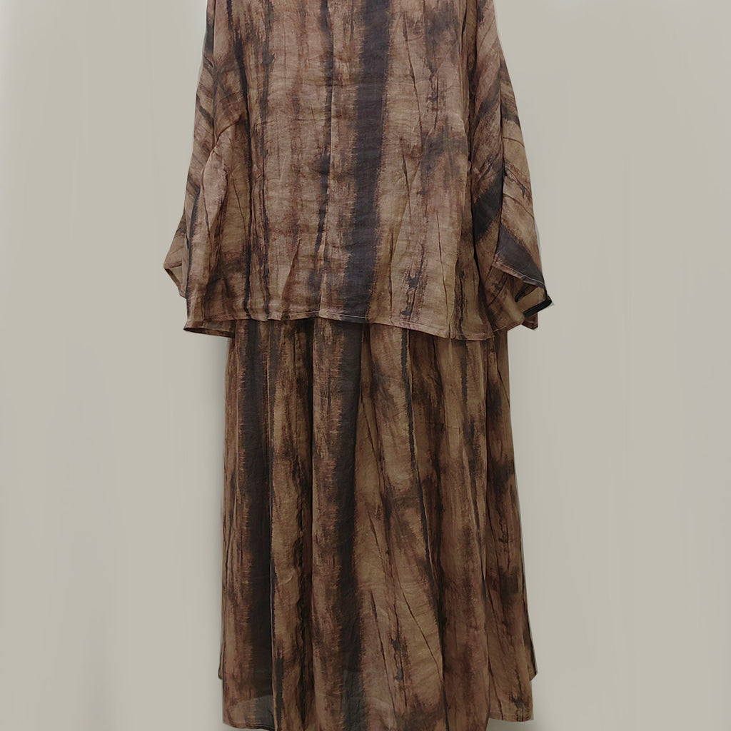 Ramie loose fit cardigan with skirt tie dye motif brown ramie set