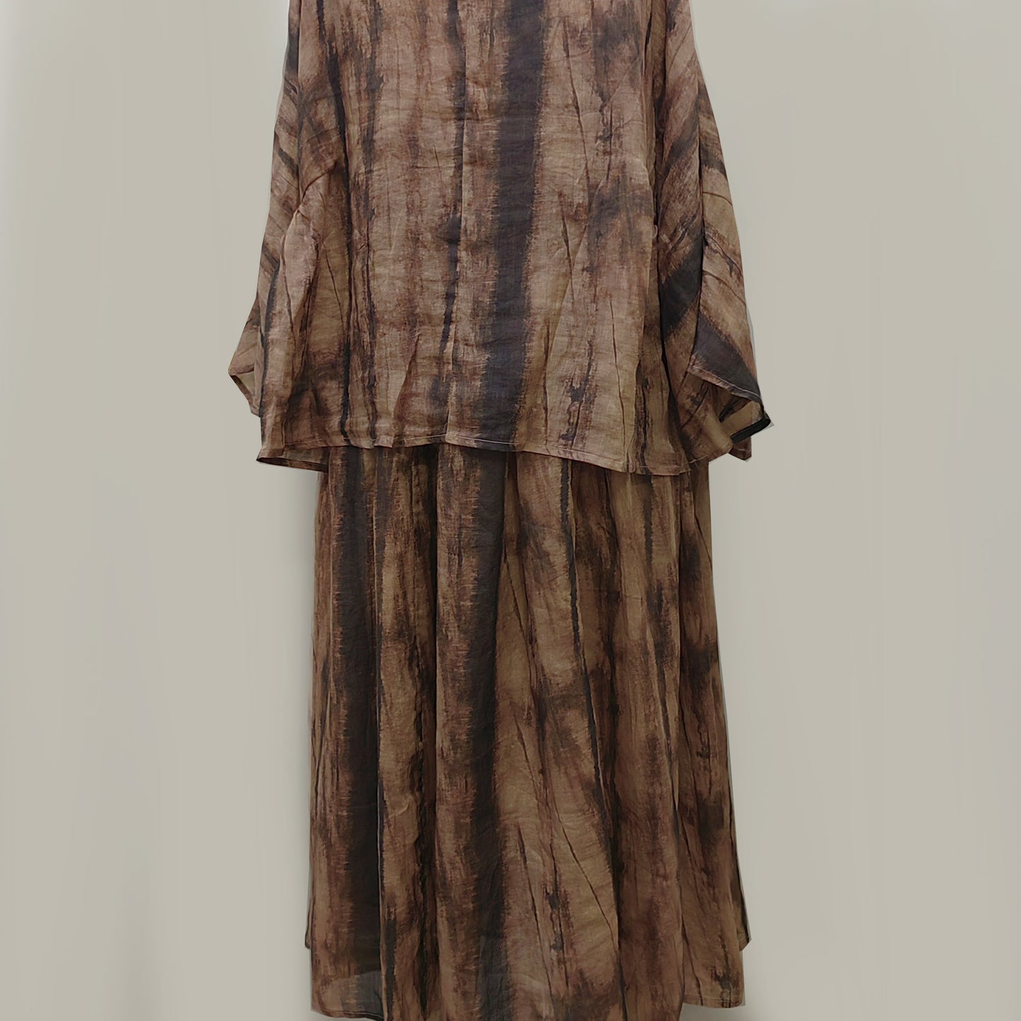 Ramie loose fit cardigan with skirt tie dye motif brown ramie set