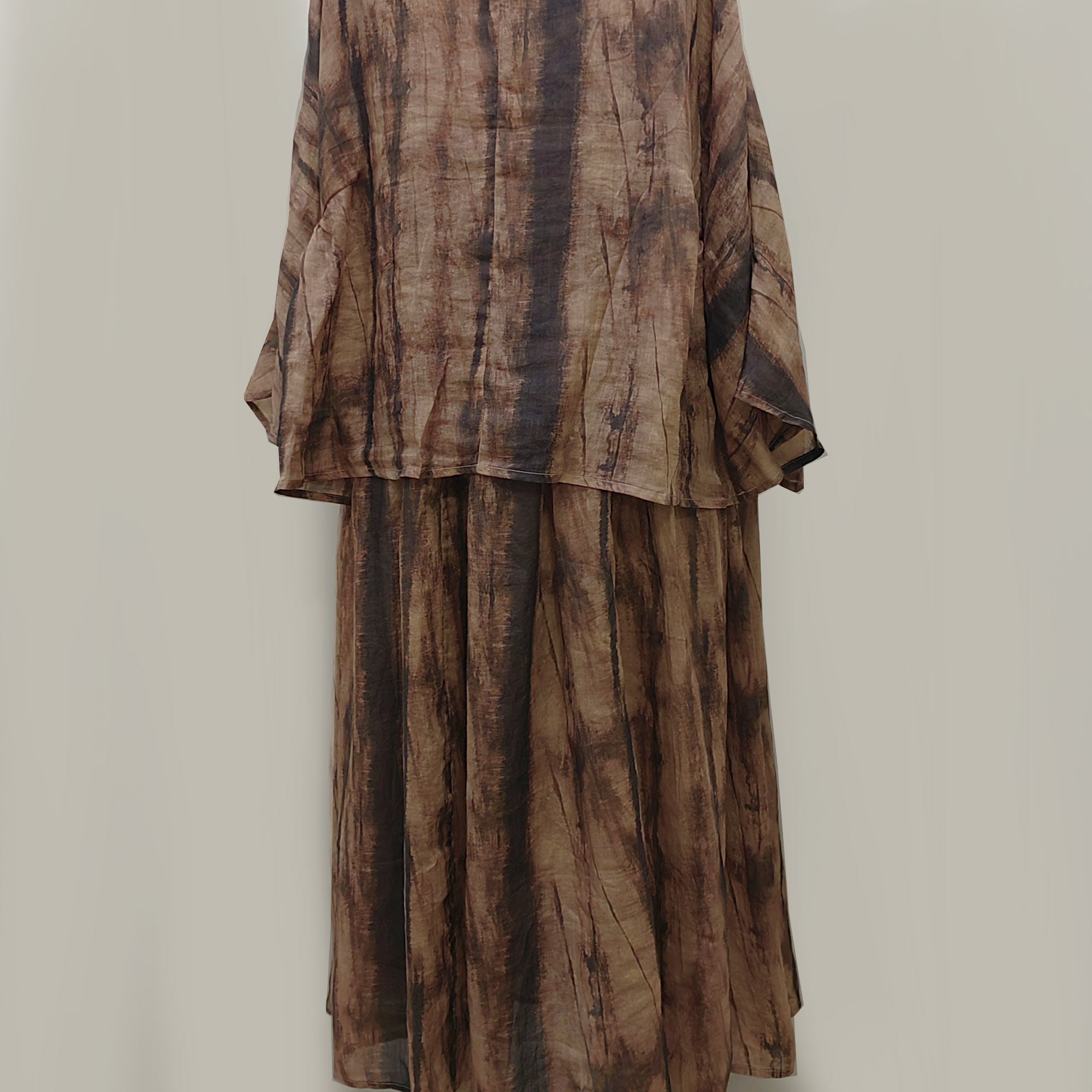Ramie loose fit cardigan with skirt tie dye motif brown ramie set