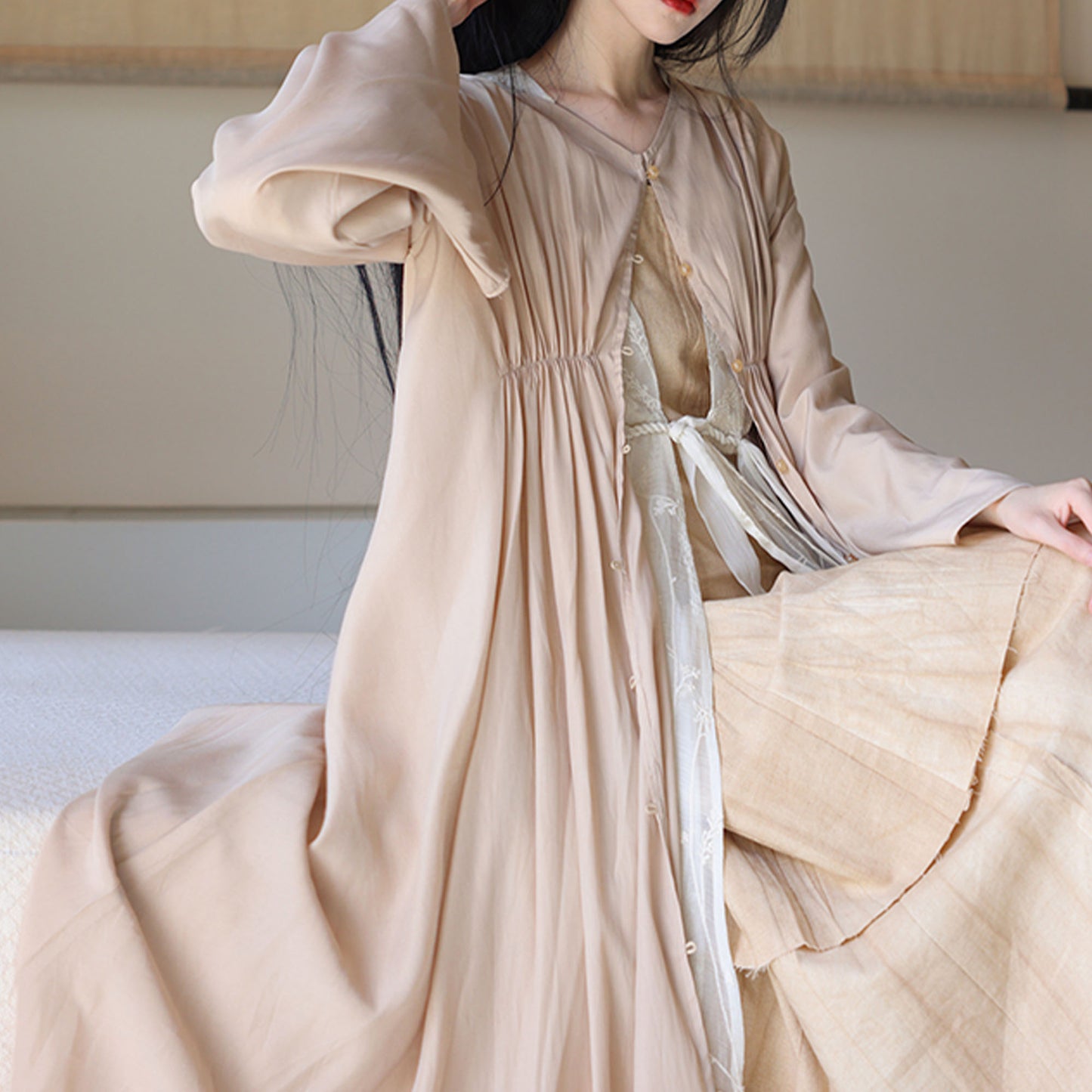 Long sleeves open cardigan top Tencel top layer dress