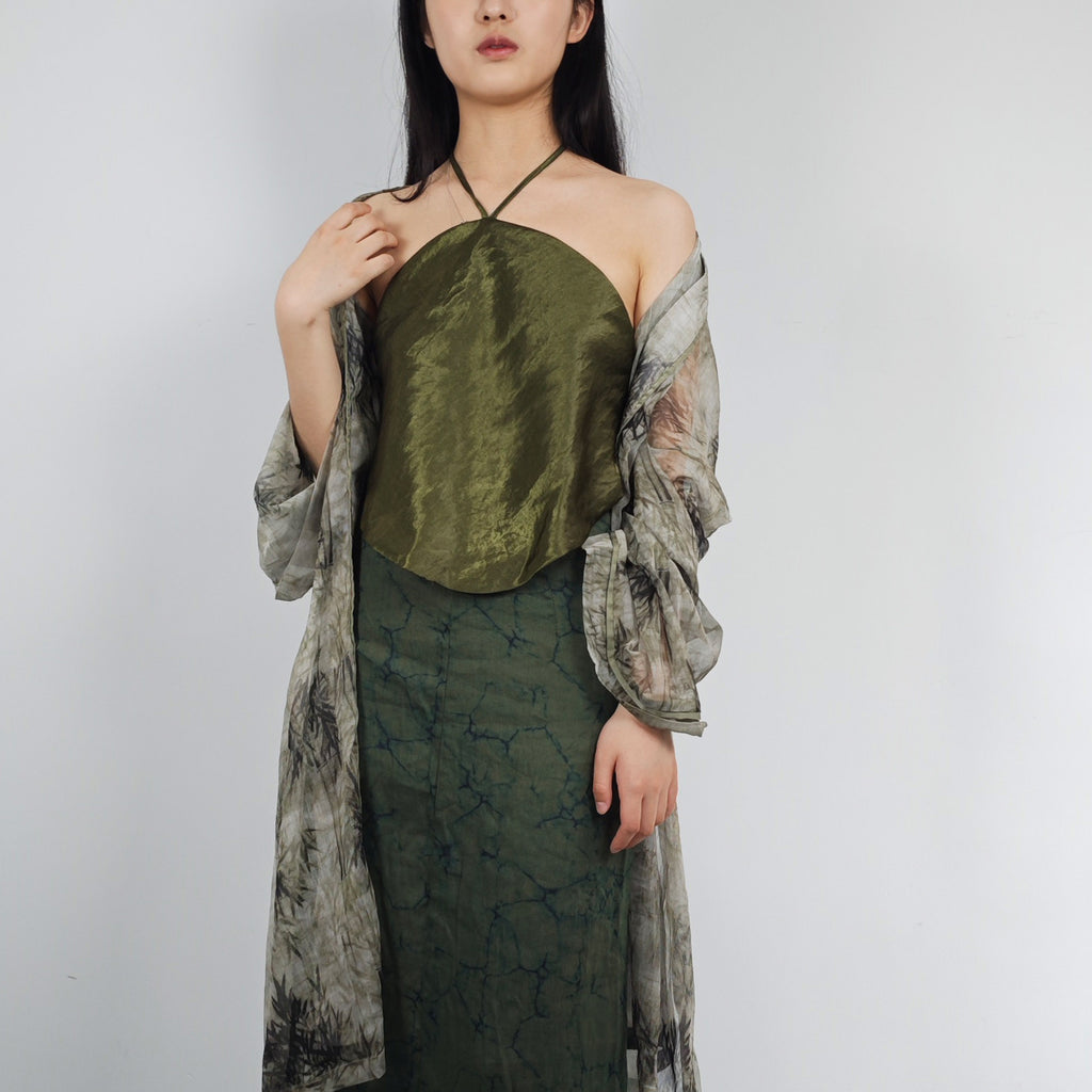 Tencel Hanfu bamboo motif green open cardigan hanfu top layer linen long cardigan loose fit open cardigan lime green hanfu