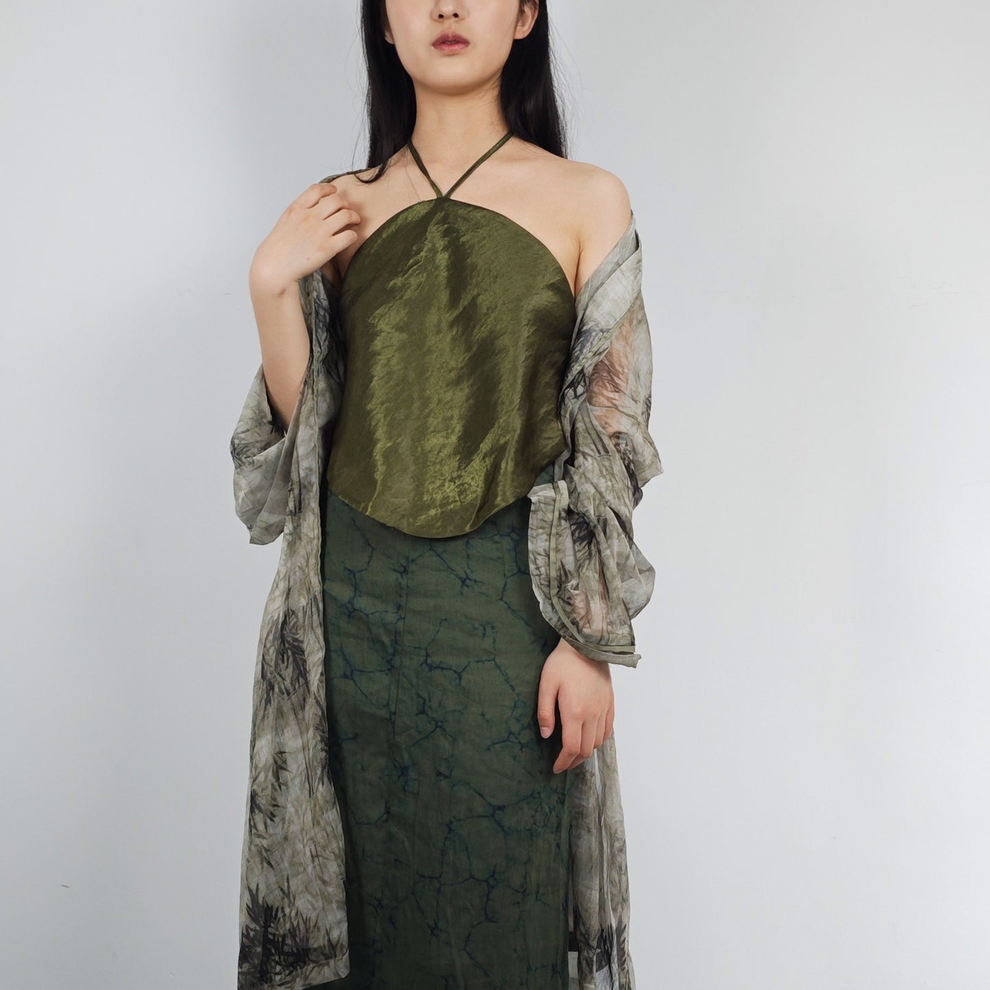 Tencel Hanfu bamboo motif green open cardigan hanfu top layer linen long cardigan loose fit open cardigan lime green hanfu