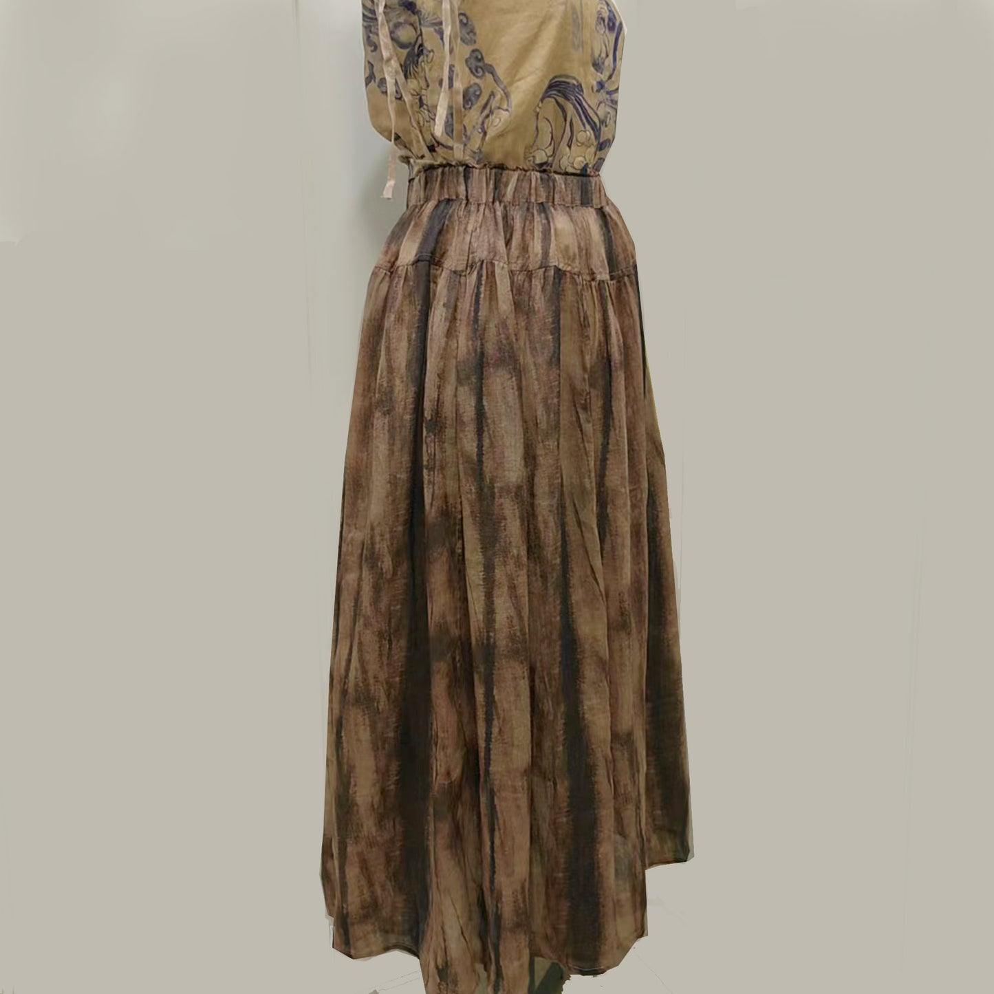 Ramie loose fit cardigan with skirt tie dye motif brown ramie set