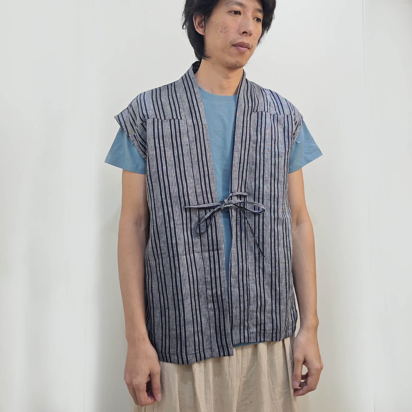 Linen kimono style summer vest Yarn dyed striped linen light weight Haori vest