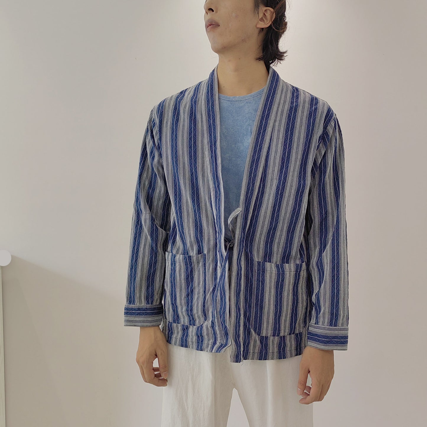 Kimono jacket Japanese clothing Kimono robe Neza Studio Noragi striped kimono Style Summer shirt Unisex Kimono Top