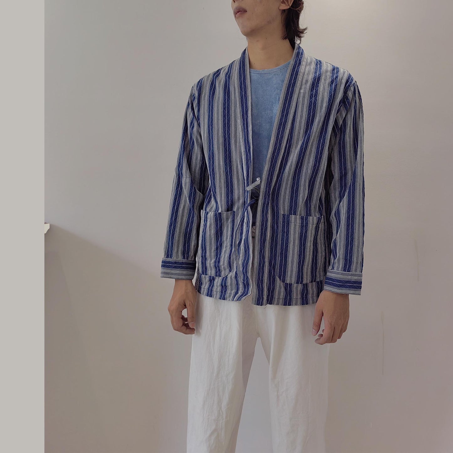 Kimono jacket Japanese clothing Kimono robe Neza Studio Noragi striped kimono Style Summer shirt Unisex Kimono Top