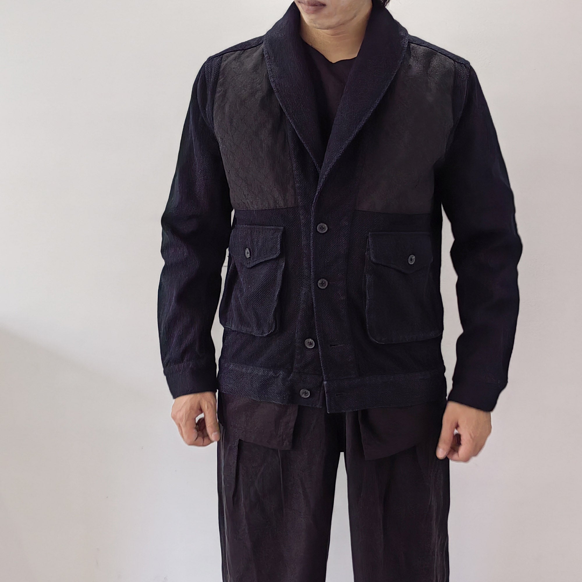 Sashiko cotton jacket retro Shawl collar jacket Vintage look black