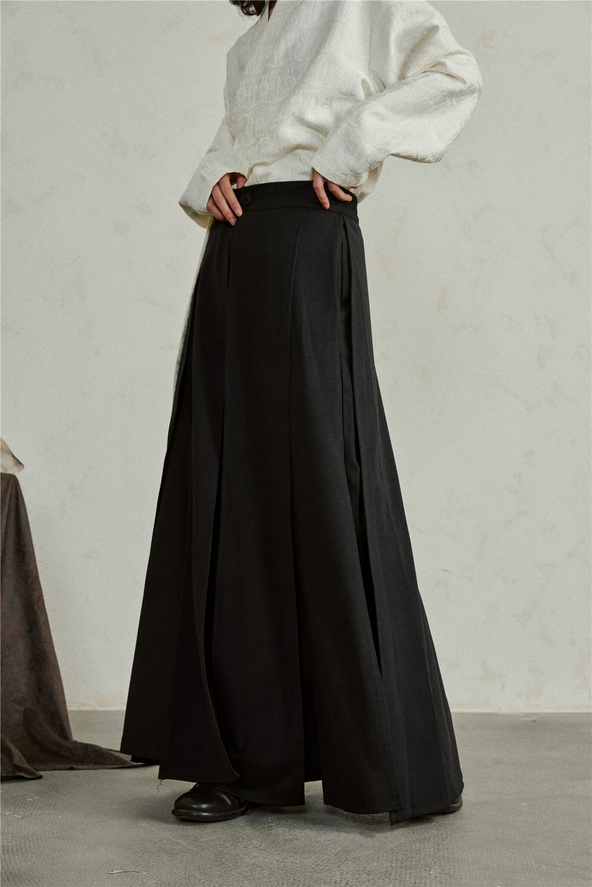 Double layer wide leg pants panel skirt pants suiting fabric black color