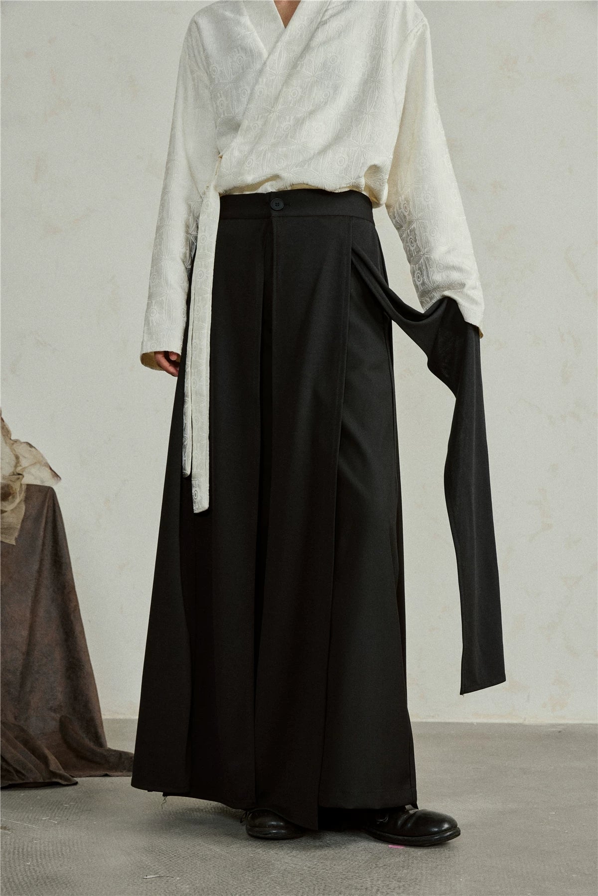 Double layer wide leg pants panel skirt pants suiting fabric black color