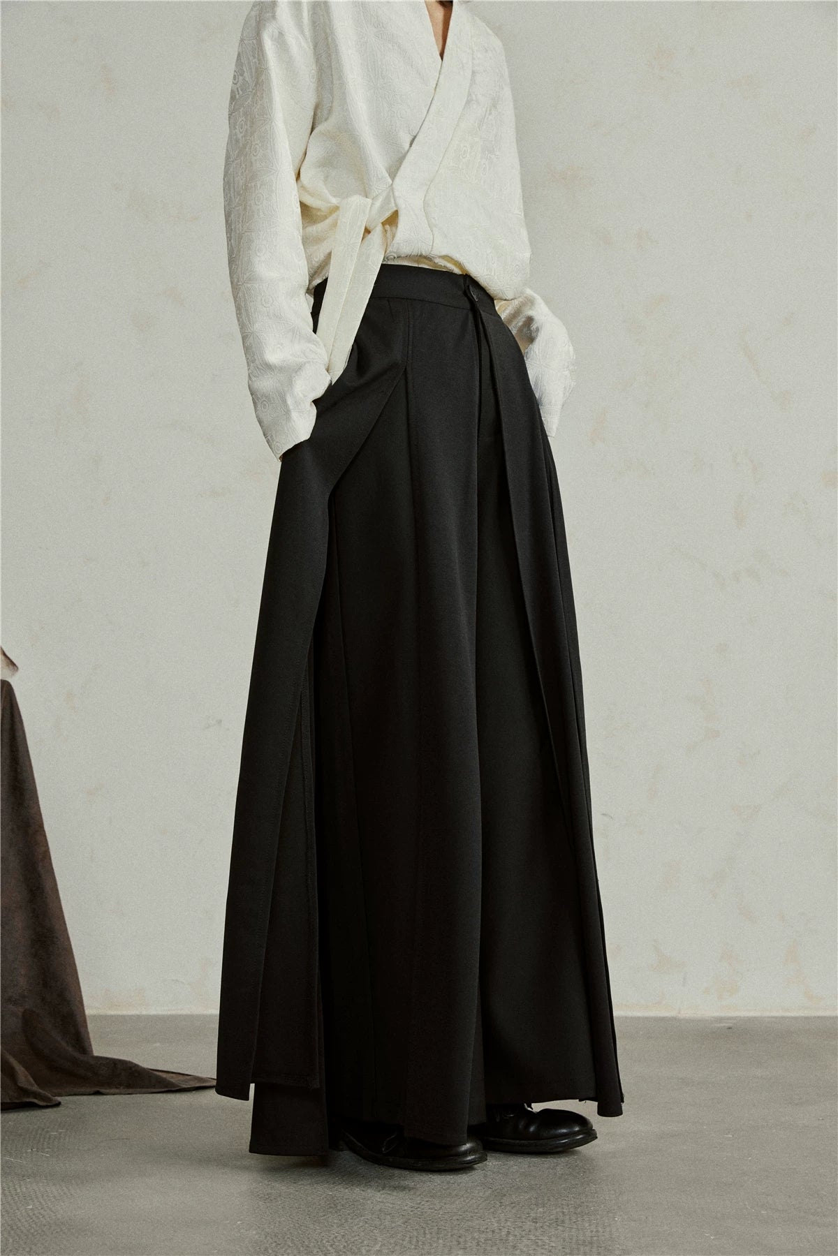 Double layer wide leg pants panel skirt pants suiting fabric black color