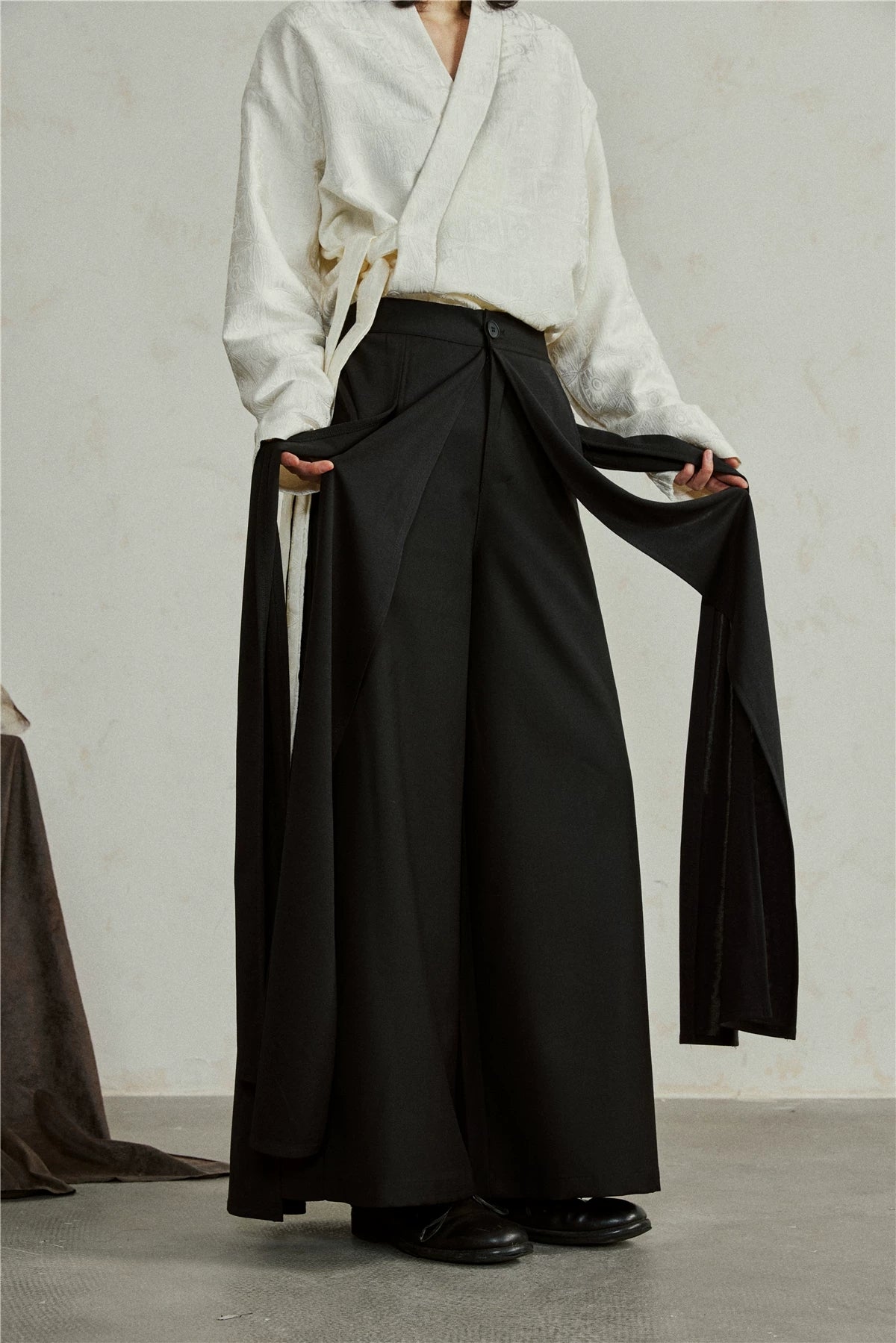 Double layer wide leg pants panel skirt pants suiting fabric black color