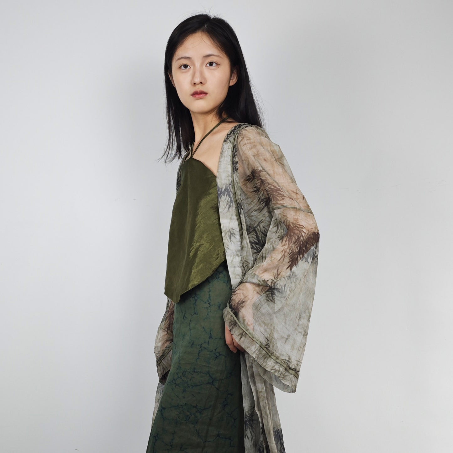 Tencel Hanfu bamboo motif green open cardigan hanfu top layer linen long cardigan loose fit open cardigan lime green hanfu