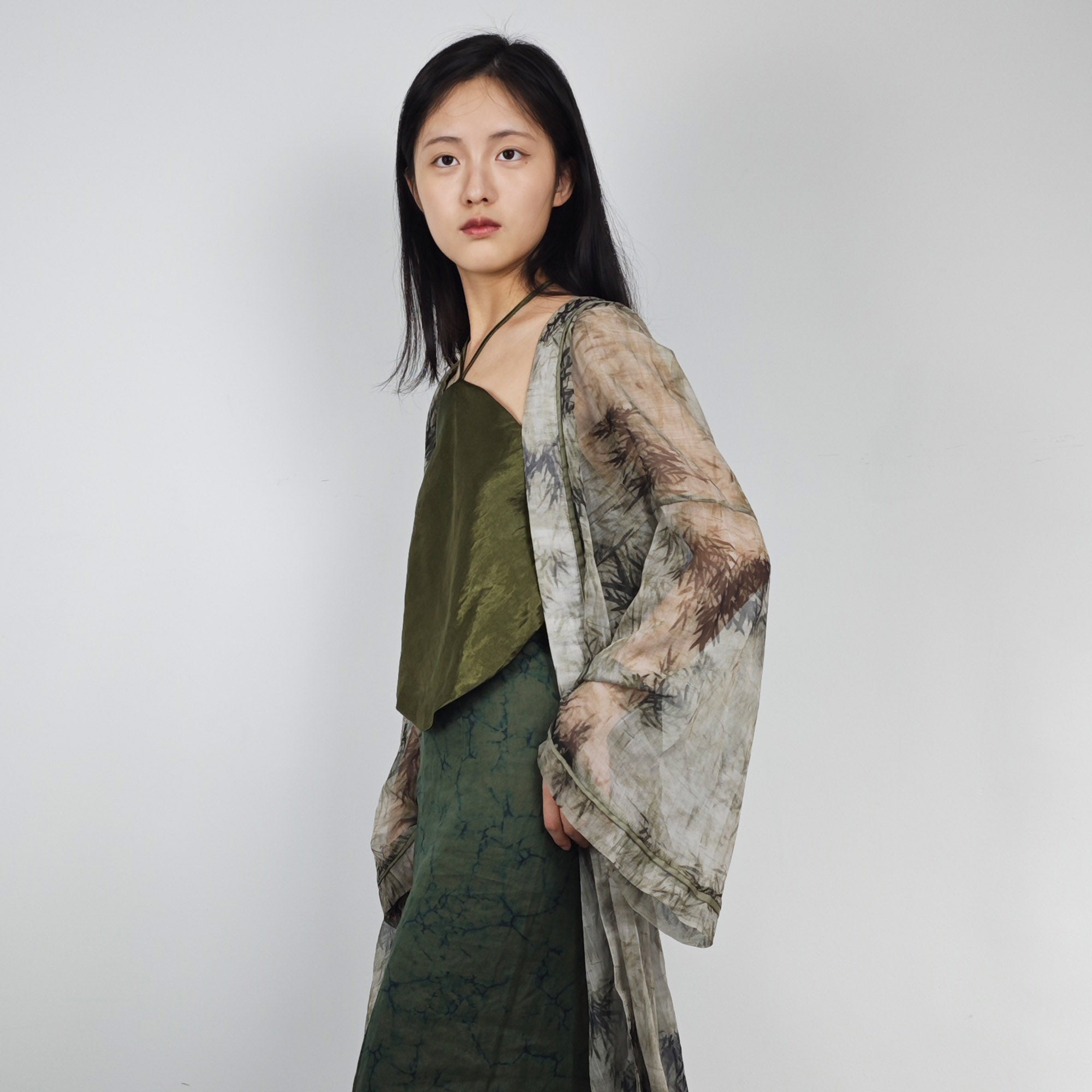 Tencel Hanfu bamboo motif green open cardigan hanfu top layer linen long cardigan loose fit open cardigan lime green hanfu
