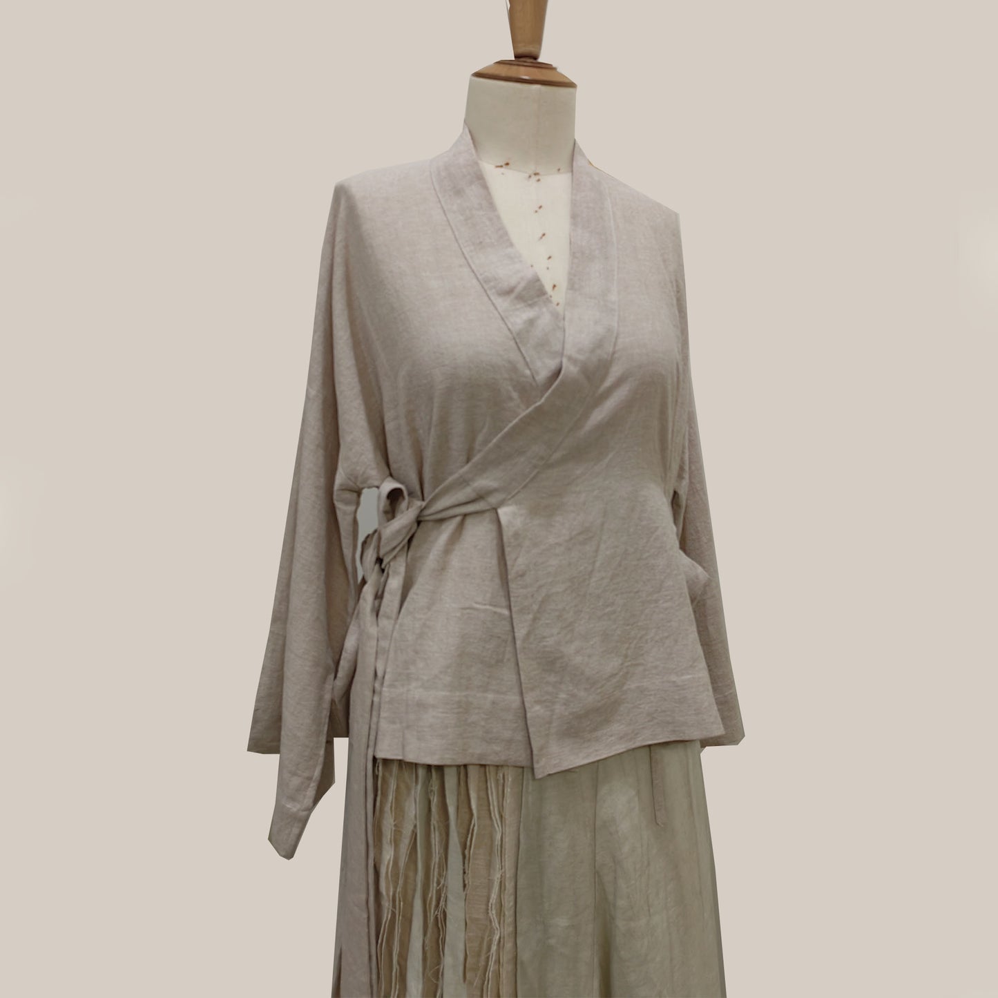 Long sleeves over lapping linen top Hanfu style long straps top kimono style linen blouse