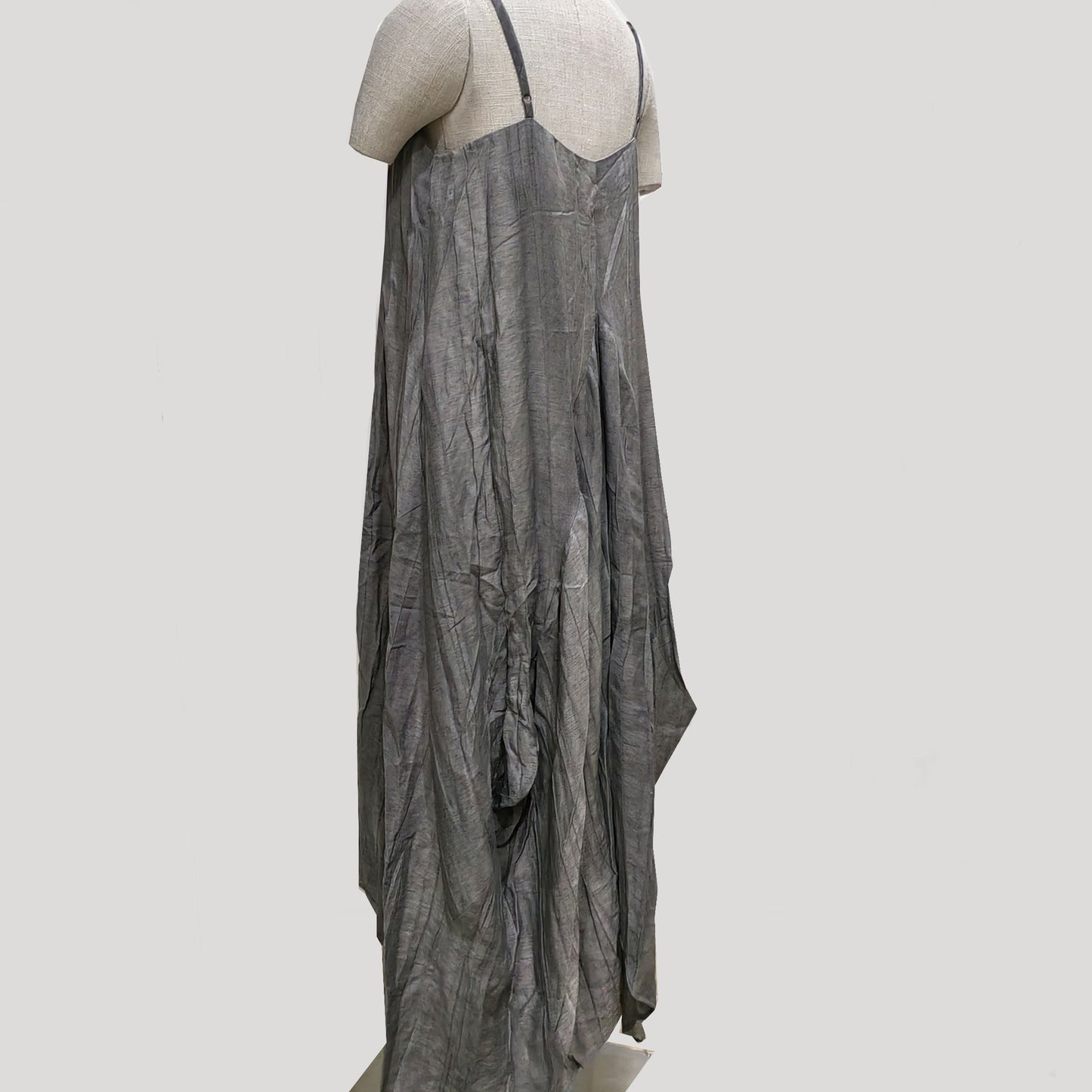 Assymmetrical Creased Linen Gray color plant dyed color slip dress Linen tencel fabric