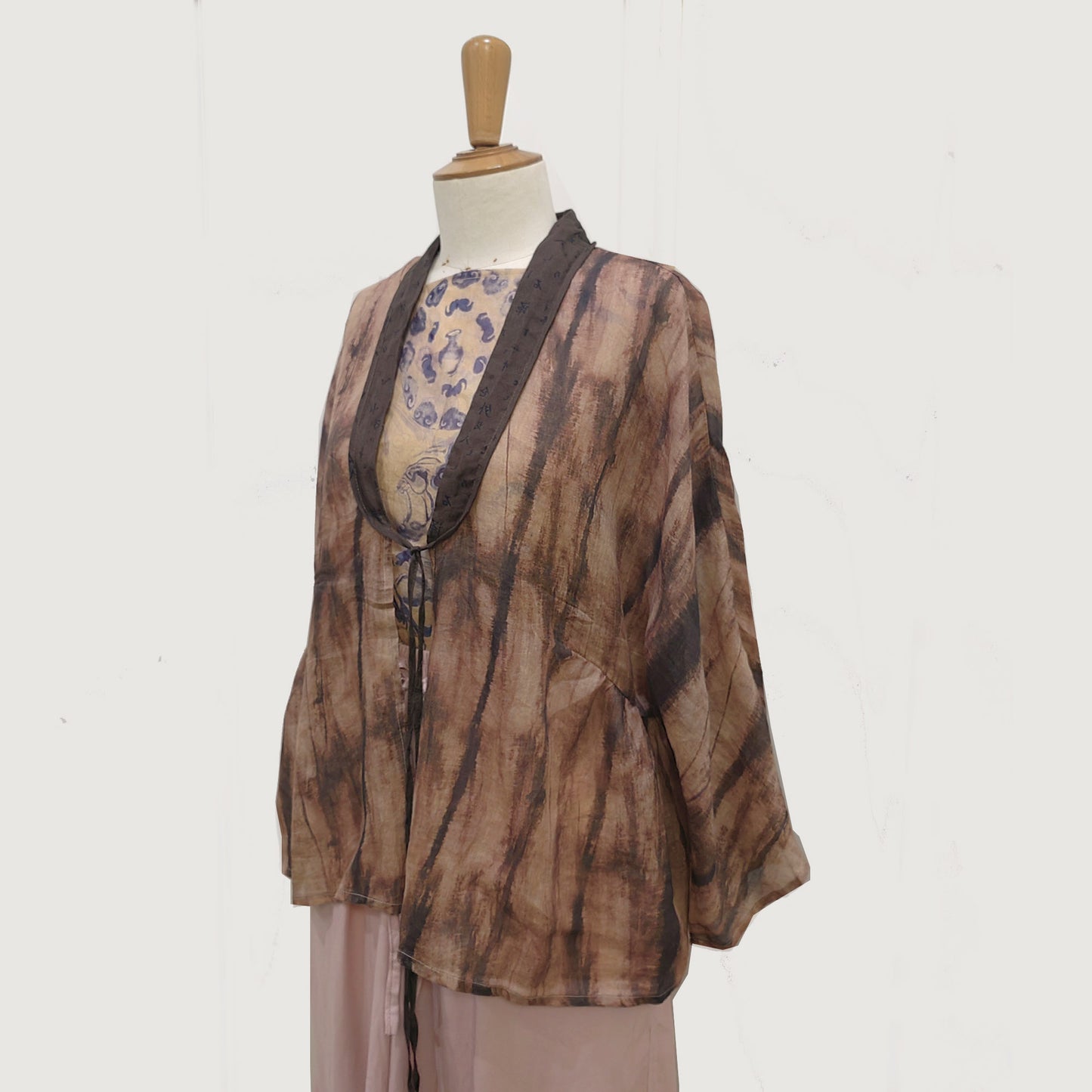 Ramie loose fit cardigan with skirt tie dye motif brown ramie set