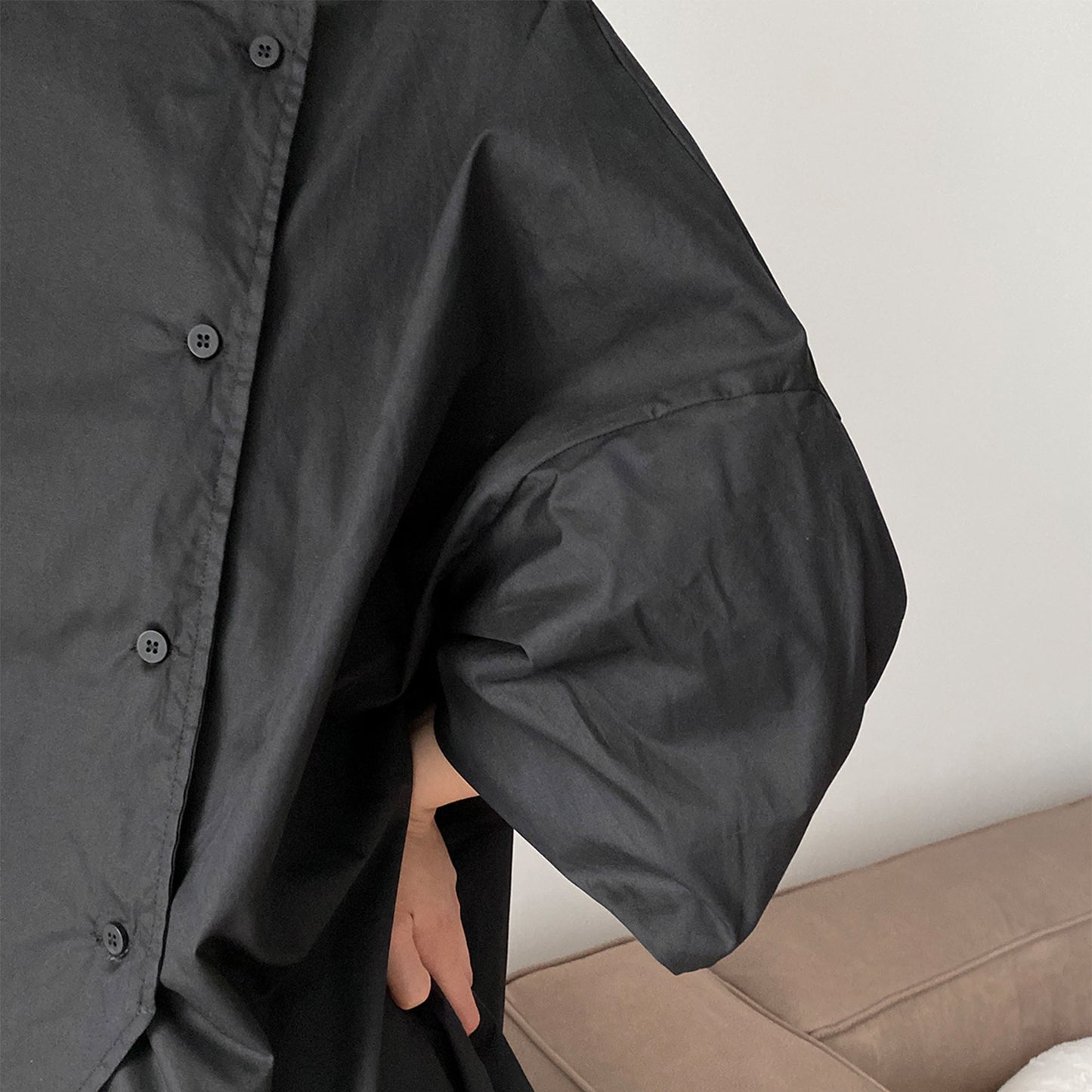 Oversized Black Shirt Loose fit Uniform Lapel Bubble Sleeves Back Slits Loose Shirt Oversize Blouse Loose Fit Shirt