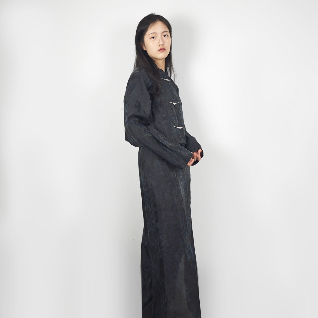 Tencel Tang suit style set crop top + slit skirt loose fit crop top tang suit style jacket Cheongsam jacket