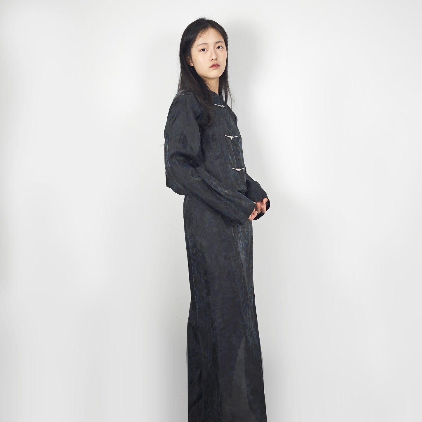 Tencel Tang suit style set crop top + slit skirt loose fit crop top tang suit style jacket Cheongsam jacket