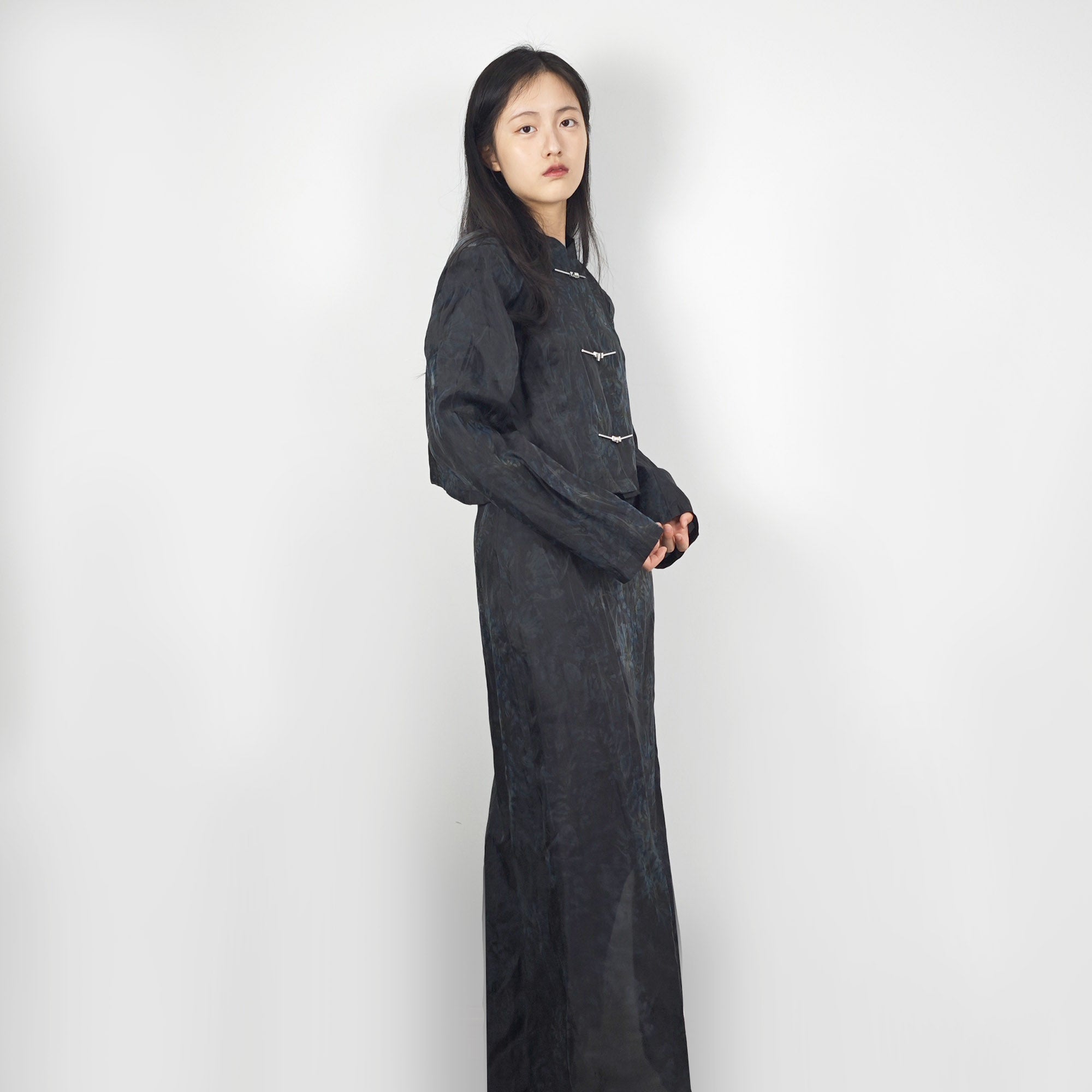 Tencel Tang suit style set crop top + slit skirt loose fit crop top tang suit style jacket Cheongsam jacket