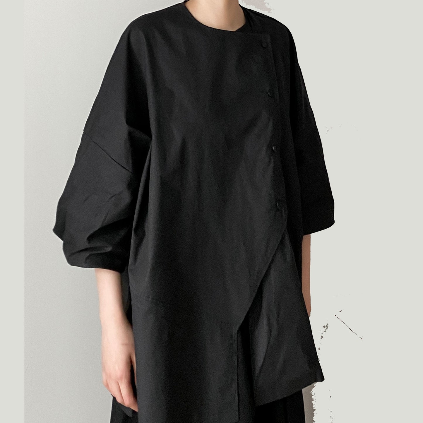 Oversized Black Shirt Loose fit Uniform Lapel Bubble Sleeves Back Slits Loose Shirt Oversize Blouse Loose Fit Shirt