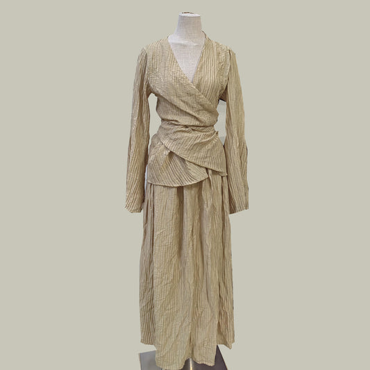 Creased tencel fabric set cross front top with skirt champagne color