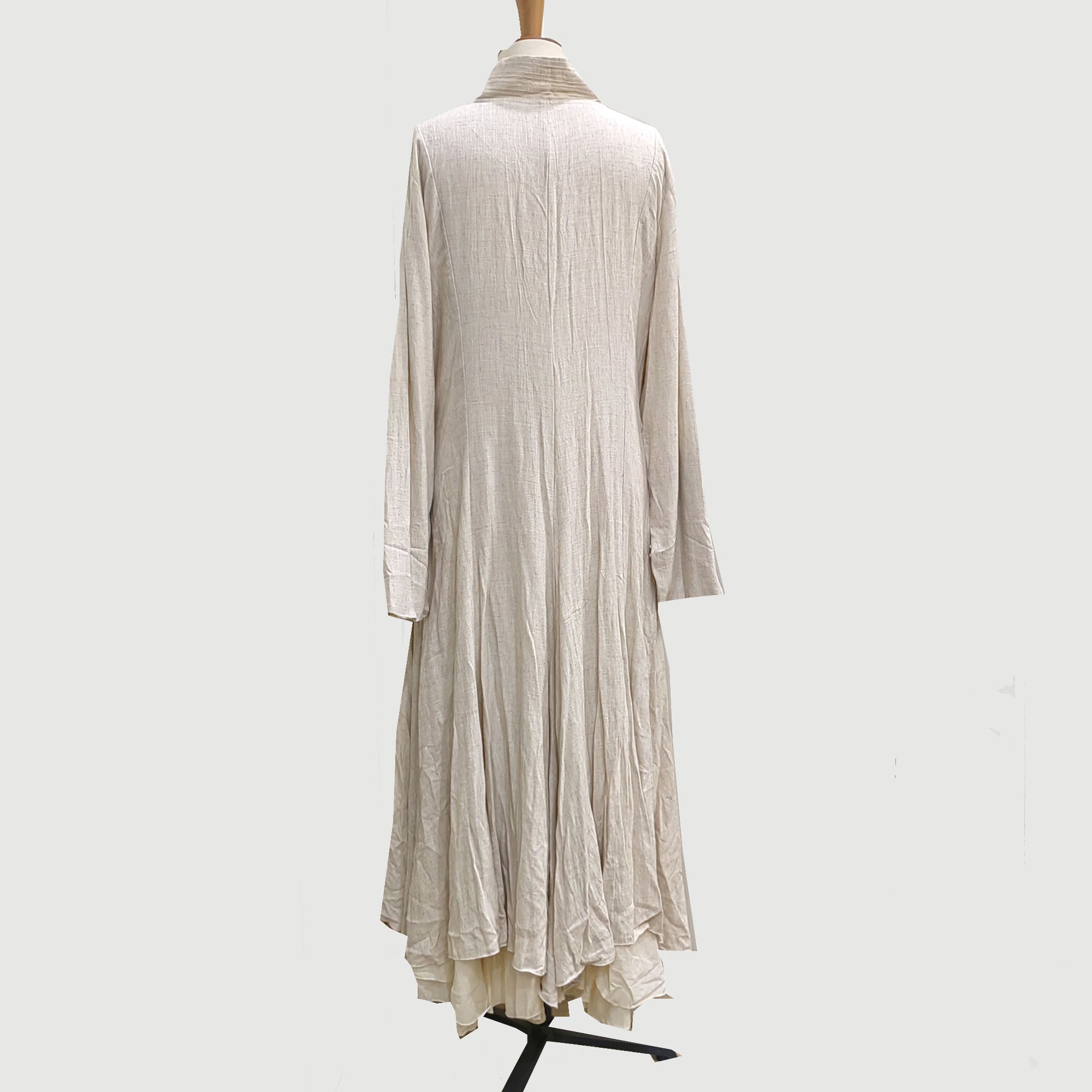 Linen retro style long dress 3 layers cotton ruffle hem long sleeves linen dress