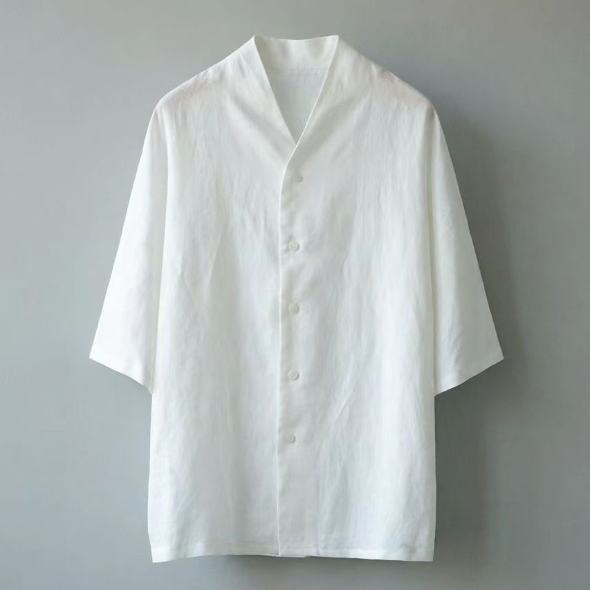 Linen shirt collarless V neck linen blouse