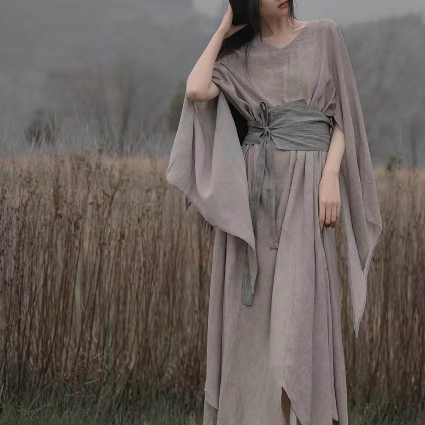 Gray Uneven spray color escapist style maxi dress with OBI belt Chinese Style dress wide sleeves dress hanfu dress kaftan dress dyeing dress