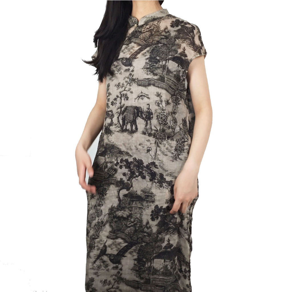Chinese painting motif Ramie Qipao dress loose fit qipao dress modern fit qipao dress Ramie qipao